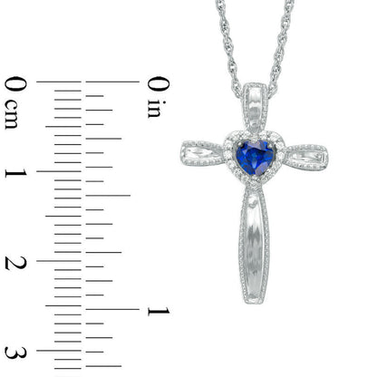 4.0mm Heart-Shaped Lab-Created Blue Sapphire and Diamond Accent Antique Vintage-Style Cross Pendant in Sterling Silver