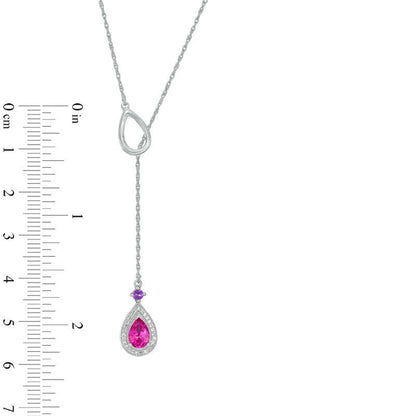 Pear-Shaped Lab-Created Pink Sapphire, Amethyst and 0.1 CT. T.W. Diamond Frame Lariat Necklace in Sterling Silver