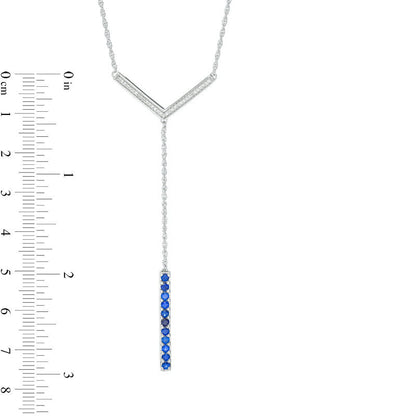 Lab-Created Blue Sapphire and 0.1 CT. T.W. Diamond Linear Bar Y" Necklace in Sterling Silver - 21""