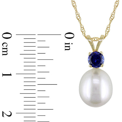 8.0 - 8.5mm Baroque Cultured Freshwater Pearl and Blue Sapphire Pendant in 14K Gold - 17