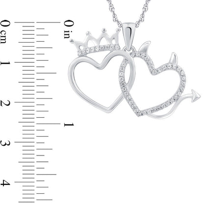 0.13 CT. T.W. Natural Diamond Crown and Devil Double Heart Pendant in Sterling Silver