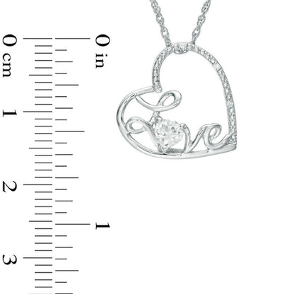 4.0mm Lab-Created White Sapphire and Diamond Accent Cursive Love" Tilted Heart Pendant in Sterling Silver"