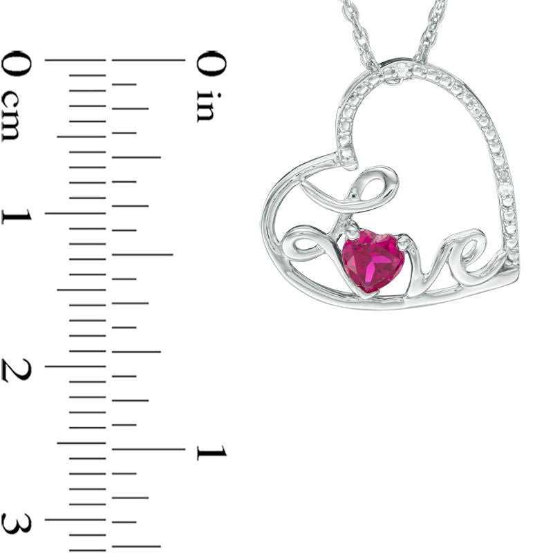 4.0mm Lab-Created Ruby and Diamond Accent Cursive Love" Tilted Heart Pendant in Sterling Silver"