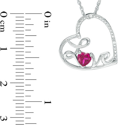 4.0mm Lab-Created Ruby and Diamond Accent Cursive Love" Tilted Heart Pendant in Sterling Silver"