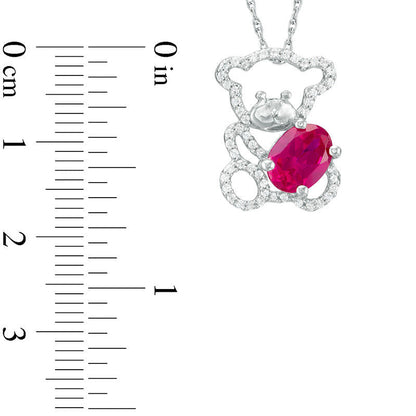 Oval Lab-Created Ruby and 0.2 CT. T.W. Diamond Teddy Bear Pendant in Sterling Silver