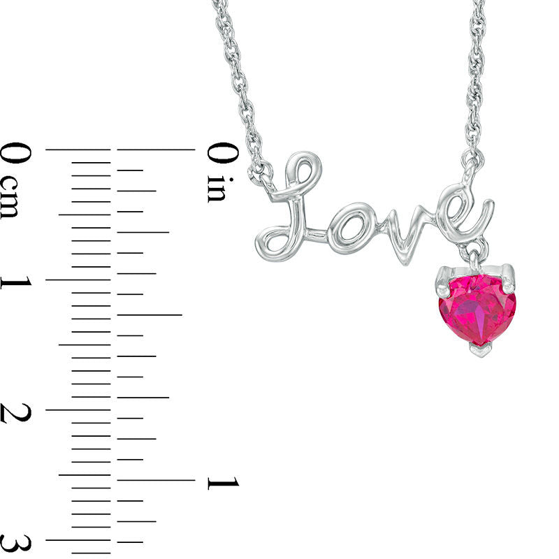 6.0mm Heart-Shaped Lab-Created Ruby Charm and Cursive Love" Necklace in Sterling Silver"