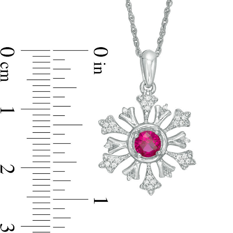 4.5mm Lab-Created Ruby and 0.1 CT. T.W. Diamond Snowflake Pendant in Sterling Silver