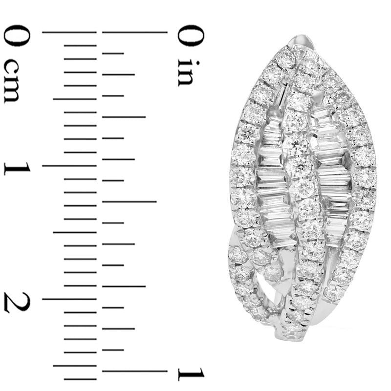 1-1.1 CT. T.W. Baguette and Round Diamond Leaf Hoop Earrings in 18K White Gold (H/SI2)