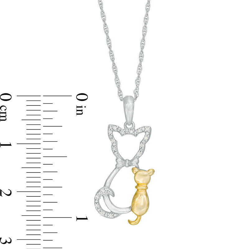 Natural Diamond Accent Cat and Kitten Pendant in Sterling Silver and 10K Yellow Gold