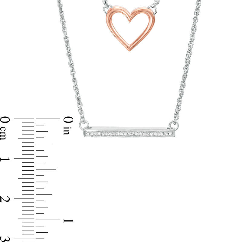 0.07 CT. T.W. Natural Diamond Heart and Bar Double Strand Necklace in Sterling Silver and 10K Rose Gold - 20