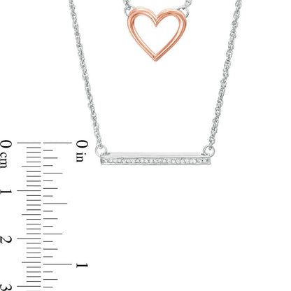 0.07 CT. T.W. Natural Diamond Heart and Bar Double Strand Necklace in Sterling Silver and 10K Rose Gold - 20
