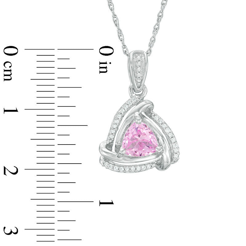 6.0mm Trillion-Cut Lab-Created Pink Sapphire and Diamond Accent Swirl Frame Pendant in Sterling Silver
