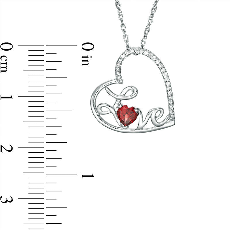 4.0mm Heart-Shaped Garnet and Natural Diamond Accent Tilted LOVE" Pendant in Sterling Silver"