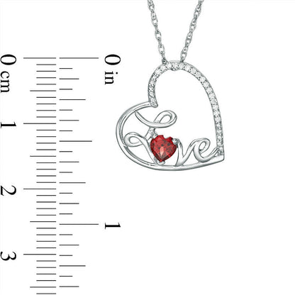 4.0mm Heart-Shaped Garnet and Natural Diamond Accent Tilted LOVE" Pendant in Sterling Silver"