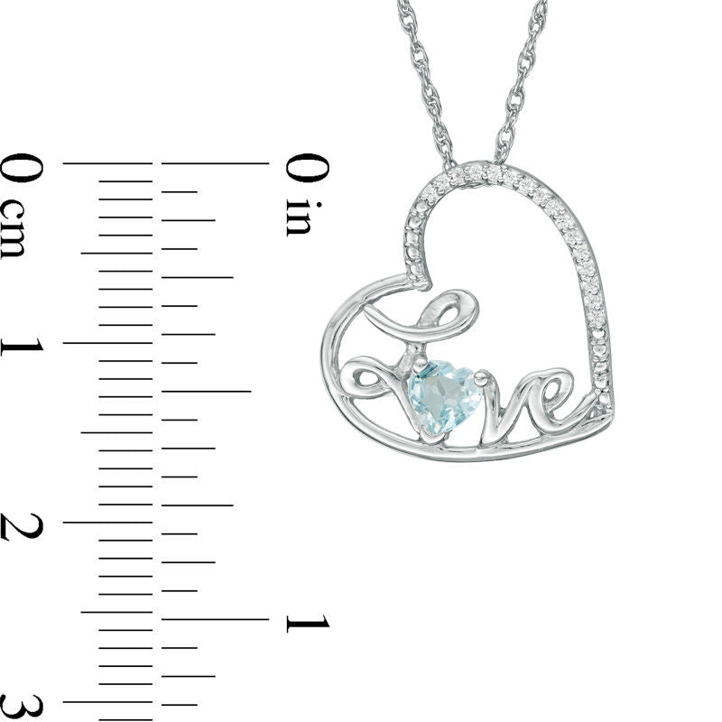 Heart-Shaped Aquamarine and Natural Diamond Accent Tilted LOVE" Pendant in Sterling Silver"