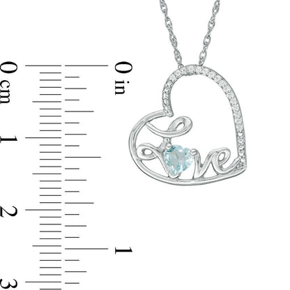 Heart-Shaped Aquamarine and Natural Diamond Accent Tilted LOVE" Pendant in Sterling Silver"