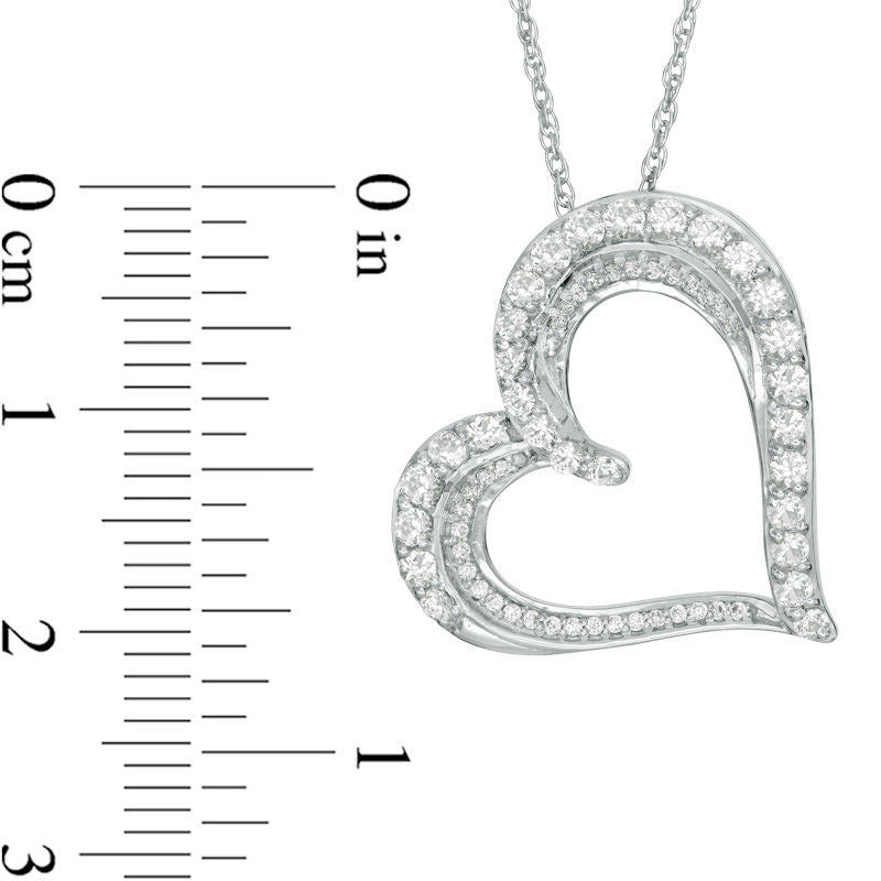 Lab-Created White Sapphire and 0.1 CT. T.W. Diamond Tilted Heart Pendant in Sterling Silver