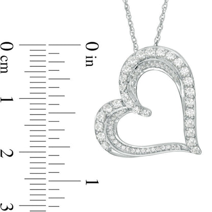 Lab-Created White Sapphire and 0.1 CT. T.W. Diamond Tilted Heart Pendant in Sterling Silver