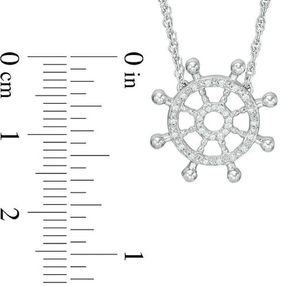 Natural Diamond Accent Nautical Boat Wheel Necklace in Sterling Silver - 17.5