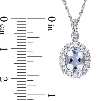 Oval Aquamarine, White Topaz and Natural Diamond Accent Frame Pendant in 14K White Gold û 17