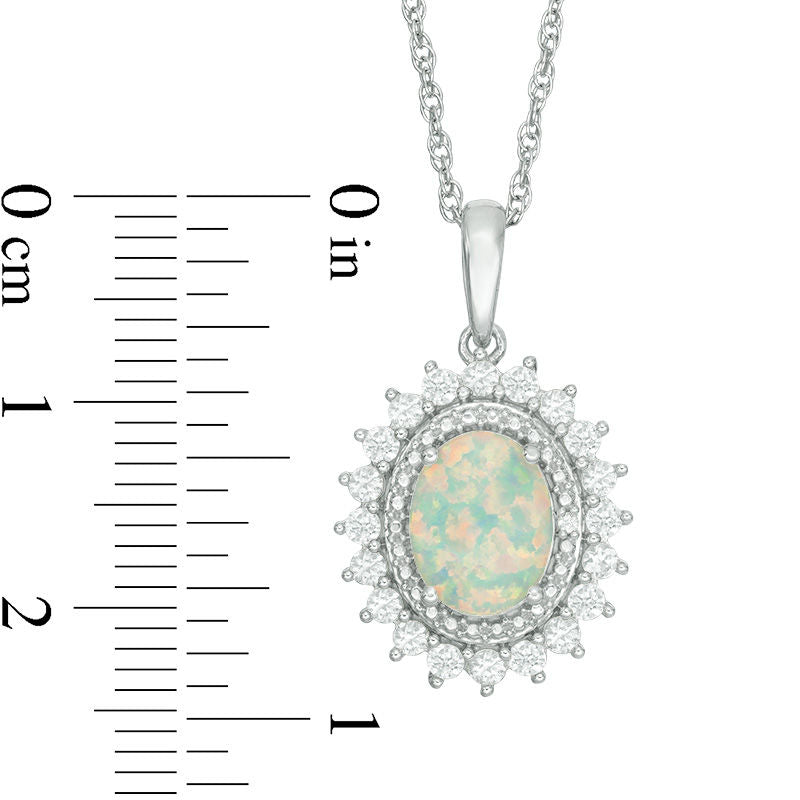 Oval Lab-Created Opal and White Sapphire Flower Frame Pendant in Sterling Silver