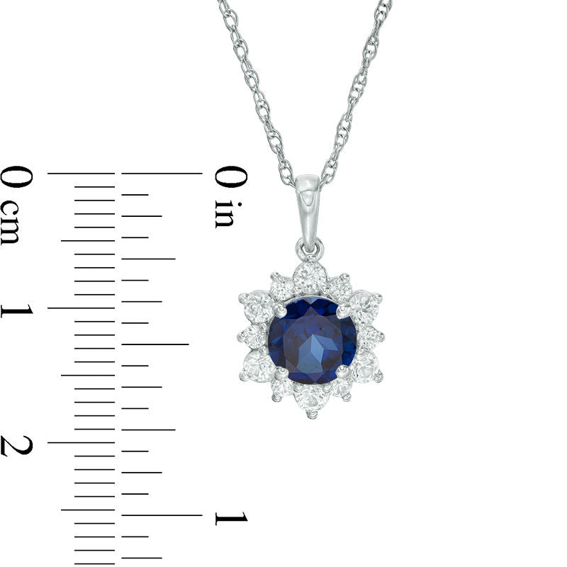 7.0mm Lab-Created Blue and White Sapphire Sunburst Pendant in Sterling Silver