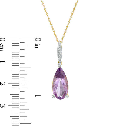 Pear-Shaped Rose de France Amethyst and Natural Diamond Accent Drop Pendant in 10K Yellow Gold