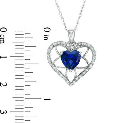 7.0mm Heart-Shaped Lab-Created Blue Sapphire and 0.13 CT. T.W. Diamond Floral Heart Pendant in 10K White Gold