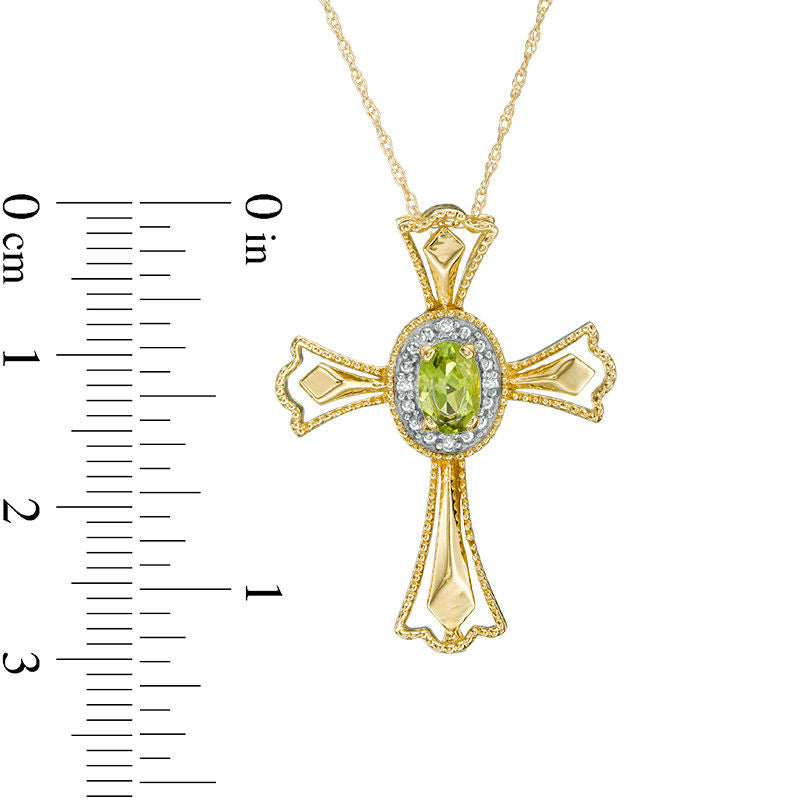 Oval Peridot and Natural Diamond Accent Gothic-Style Cross Pendant in 10K Yellow Gold