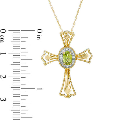 Oval Peridot and Natural Diamond Accent Gothic-Style Cross Pendant in 10K Yellow Gold