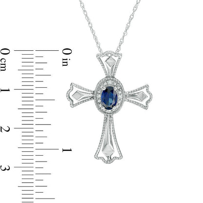 Oval Lab-Created Blue Sapphire and Diamond Accent Gothic-Style Cross Pendant in 10K White Gold