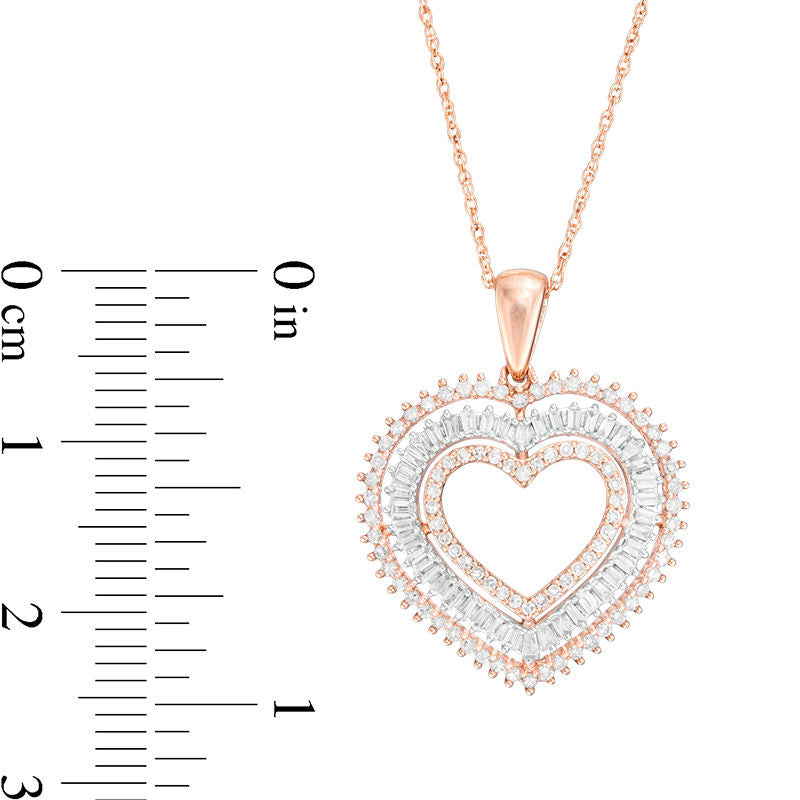 0.5 CT. T.W. Baguette and Round Natural Diamond Triple Heart Pendant in 10K Rose Gold