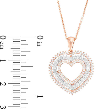 0.5 CT. T.W. Baguette and Round Natural Diamond Triple Heart Pendant in 10K Rose Gold
