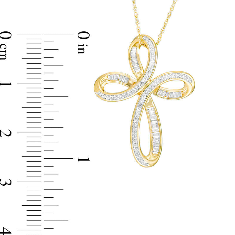 0.33 CT. T.W. Baguette and Round Natural Diamond Looping Cross Pendant in 10K Yellow Gold