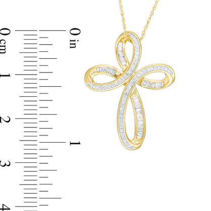 0.33 CT. T.W. Baguette and Round Natural Diamond Looping Cross Pendant in 10K Yellow Gold