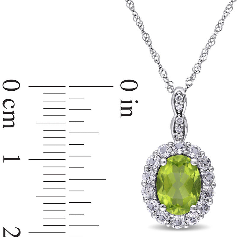 Oval Peridot, White Topaz and Natural Diamond Accent Frame Pendant in 14K White Gold - 17