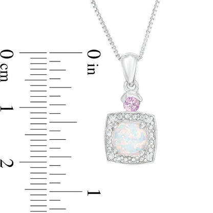 6.0mm Cushion-Cut Lab-Created Opal, Pink Sapphire and Diamond Accent Frame Pendant in Sterling Silver