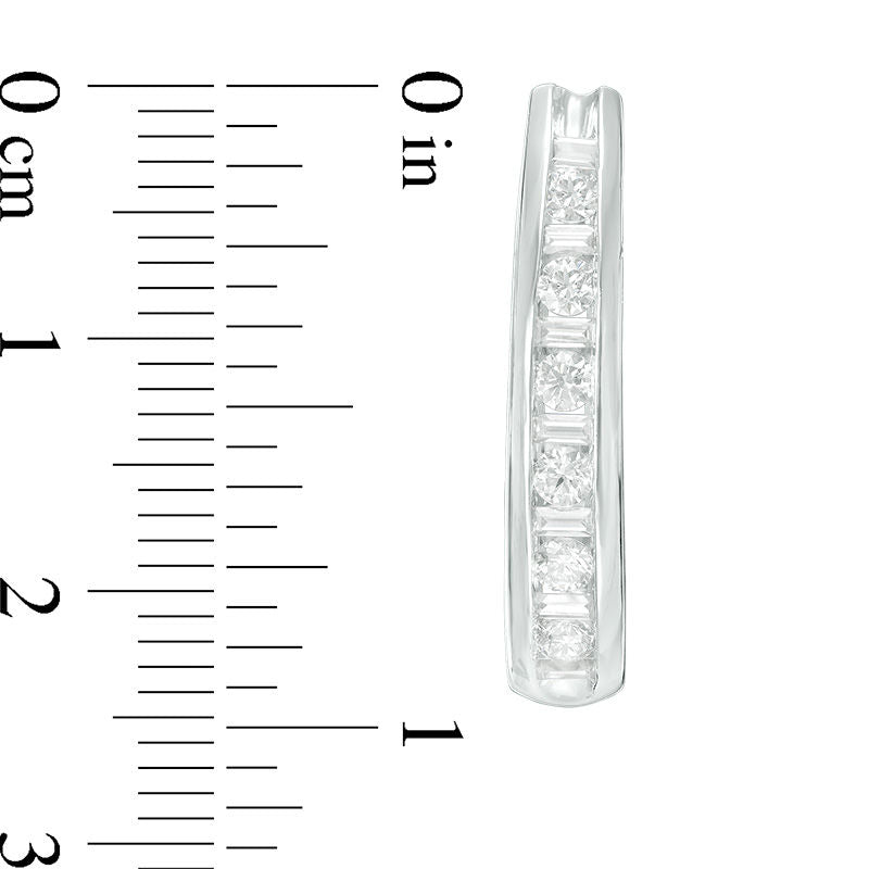 1 CT. T.W. Baguette and Round Diamond J-Hoop Earrings in 14K White Gold