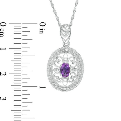 Oval Amethyst and Natural Diamond Accent Heart Antique Vintage-Style Pendant in Sterling Silver