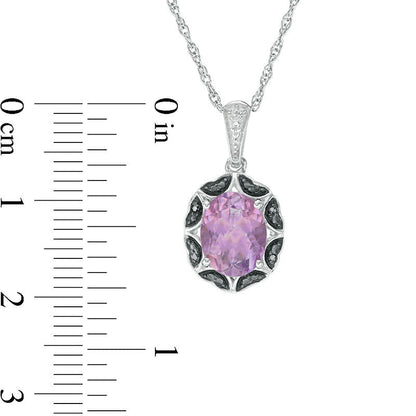 Oval Amethyst and Enhanced Black Natural Diamond Accent Scallop Frame Pendant in Sterling Silver
