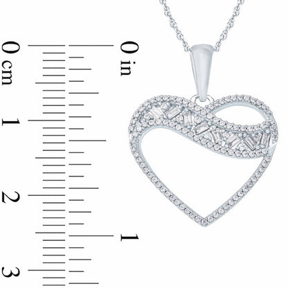 0.33 CT. T.W. Baguette and Round Natural Diamond Heart Pendant in 10K White Gold