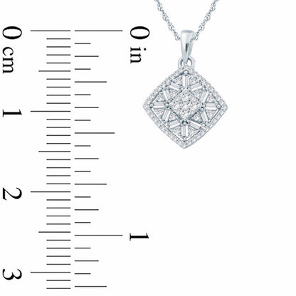 0.5 CT. T.W. Composite Baguette and Round Natural Diamond Tilted Cushion Frame Pendant in 10K White Gold
