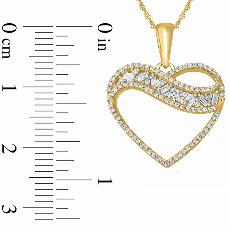 0.33 CT. T.W. Baguette and Round Natural Diamond Heart Pendant in 10K Yellow Gold
