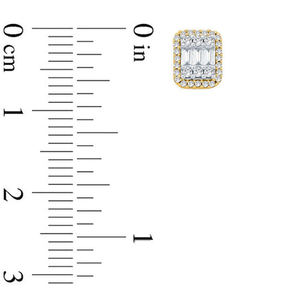 0.5 CT. T.W. Composite Baguette and Round Diamond Cushion Frame Stud Earrings in 10K Gold
