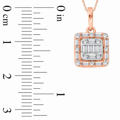 0.25 CT. T.W. Baguette and Round Natural Diamond Cushion Frame Pendant in 10K Rose Gold