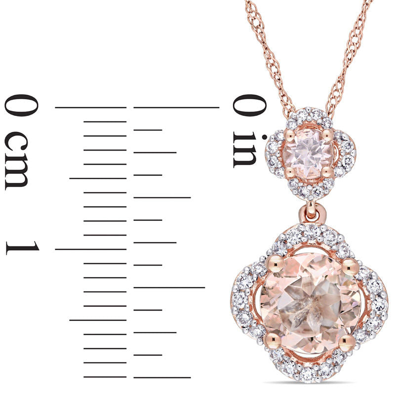 Morganite and 0.2 CT. T.W. Natural Diamond Clover Frame Double Drop Pendant in 14K Rose Gold - 17