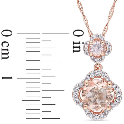 Morganite and 0.2 CT. T.W. Natural Diamond Clover Frame Double Drop Pendant in 14K Rose Gold - 17