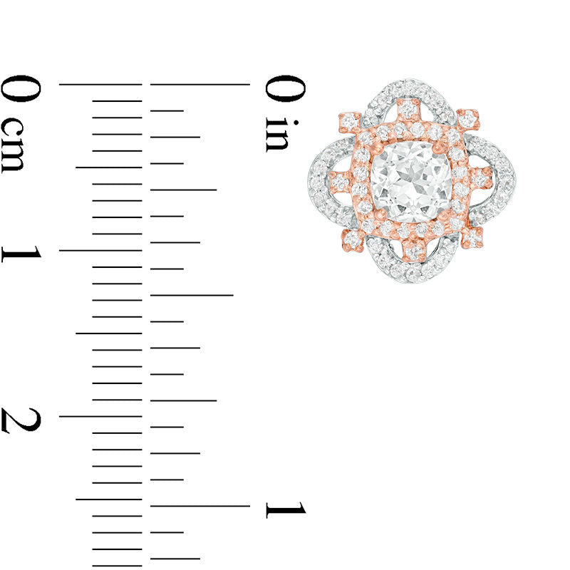 Cushion-Cut Lab-Created White Sapphire and 0.25 CT. T.W. Diamond Clover Frame Stud Earrings in 10K Two-Tone Gold
