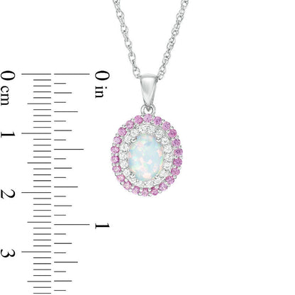 Oval Lab-Created Opal with Pink and White Sapphire Double Frame Pendant in Sterling Silver
