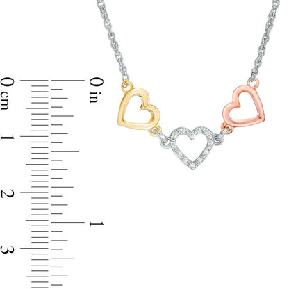 Natural Diamond Accent Triple Heart Necklace in Sterling Silver with 14K Two-Tone Gold Plate - 17